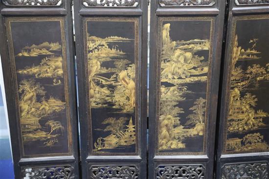 A Chinese hongmu and lacquer panelled four fold screen, 19th century, H. 104cm x W. 105cm